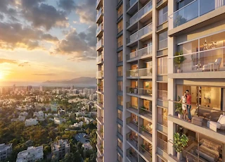 A luxury Sunteck apartments showcasing spacious balconies, elegant interiors, and breathtaking sunset city views.